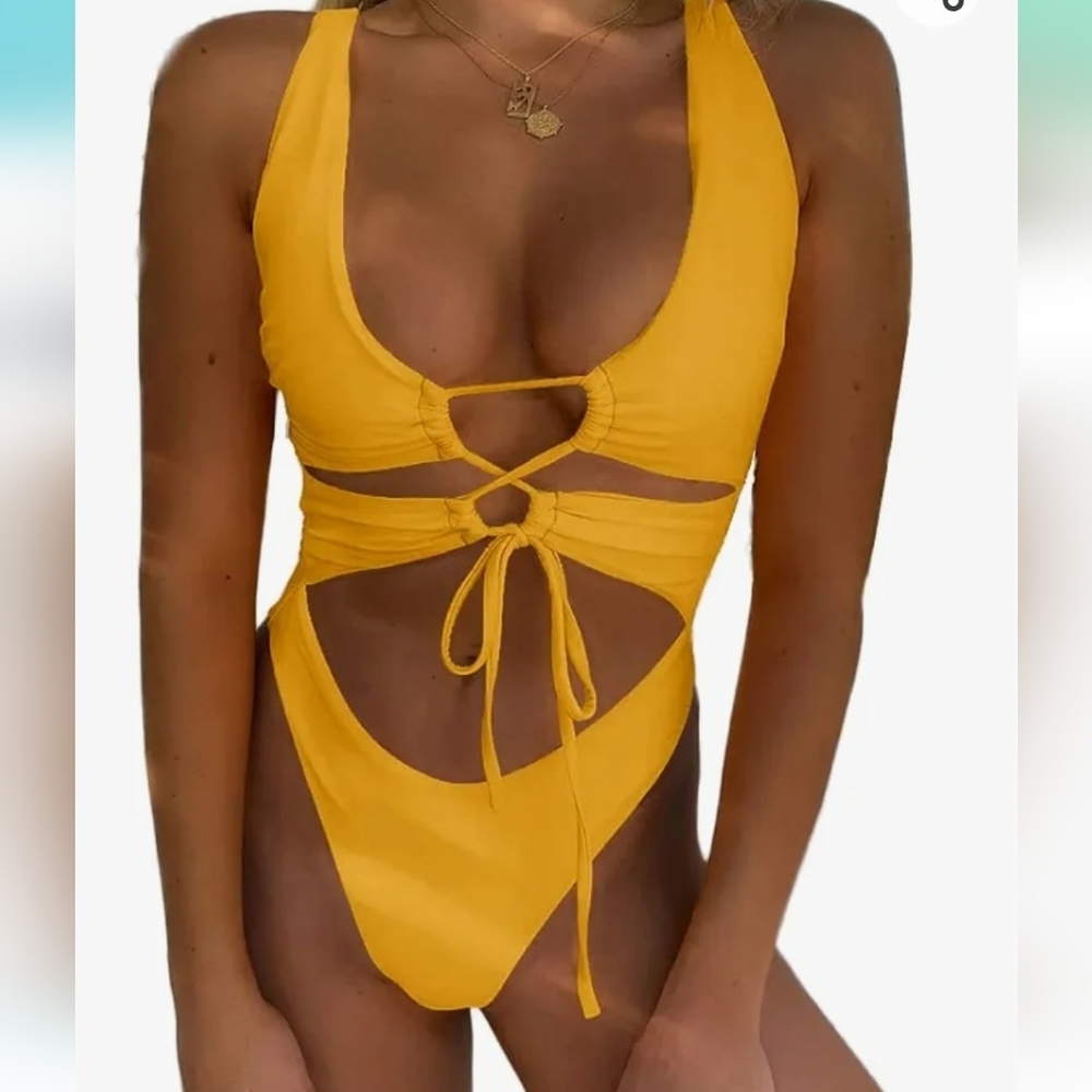Sexy Cutout Lace Up Backless High‎ Cut One Piece Swimsuit Monokini yellow SZ M